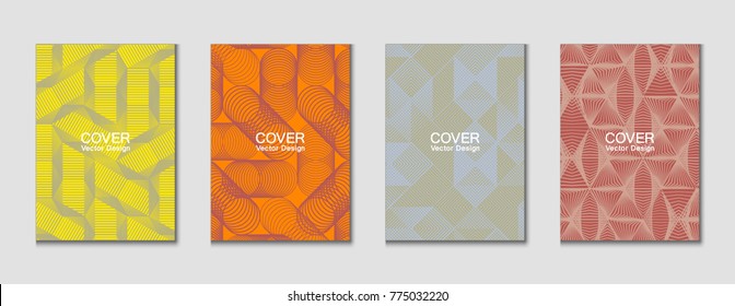 Halftone shapes minimal geometric cover templates set graphic design. Halftone lines grid vector background made of triangle, hexagon, rhombus and circle shapes. Future geometric cover backgrounds.