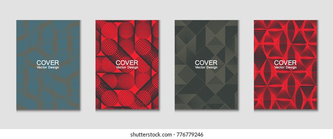 Halftone shapes minimal geometric cover templates set graphic design. Halftone lines grid vector background made of triangle, hexagon, rhombus and circle shapes. Future geometric cover backgrounds.