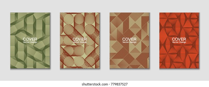 Halftone shapes minimal geometric cover templates set graphic design. Halftone lines grid vector background made of triangle, hexagon, rhombus and circle shapes. Future geometric cover backgrounds.