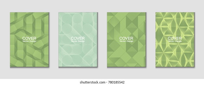 Halftone shapes minimal geometric cover templates set graphic design. Halftone lines grid vector background made of triangle, hexagon, rhombus and circle shapes. Future geometric cover backgrounds.