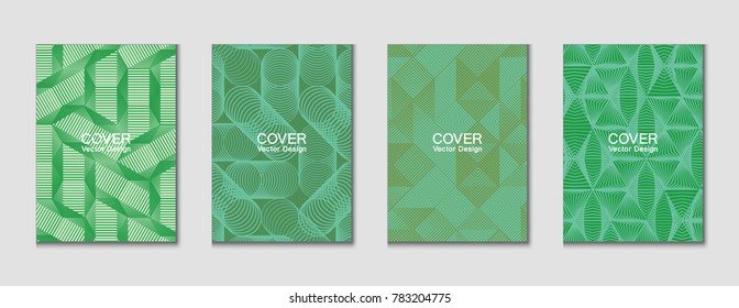 Halftone shapes minimal geometric cover templates set graphic design. Halftone lines grid vector background made of triangle, hexagon, rhombus and circle shapes. Future geometric cover backgrounds.