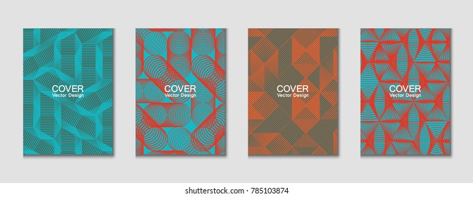 Halftone shapes minimal geometric cover templates set graphic design. Halftone lines grid vector background made of triangle, hexagon, rhombus and circle shapes. Future geometric cover backgrounds.