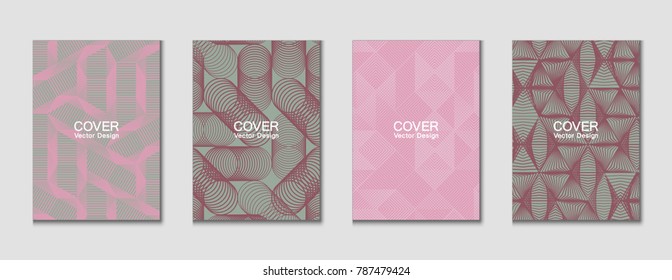 Halftone shapes minimal geometric cover templates set graphic design. Halftone lines grid vector background made of triangle, hexagon, rhombus and circle shapes. Future geometric cover backgrounds.