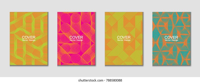 Halftone shapes minimal geometric cover templates set graphic design. Halftone lines grid vector background made of triangle, hexagon, rhombus and circle shapes. Future geometric cover backgrounds.