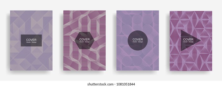 Halftone shapes violet geometric cover templates set graphic design. Halftone lines grid vector background of triangle, hexagon, rhombus, circle shapes. Future geometric cover fashion backgrounds
