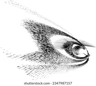 Halftone shard silhouette of an astral being with a large ciliated eye. Vector.