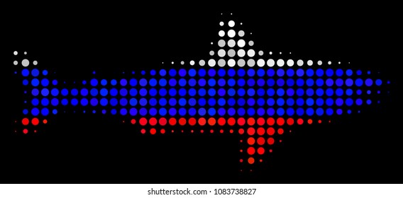 Halftone Shark pictogram colored in Russian state flag colors on a dark background. Vector pattern of shark icon constructed of round spots. Designed for political and Russian patriotic promotion.