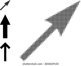 Halftone sharp arrow. Dotted sharp arrow designed with small round points. Vector illustration of sharp arrow icon on a white background. Halftone pattern contains round pixels.