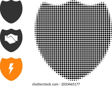 Escudo de semitono. Protector punteado hecho con pequeños elementos de círculo. Icono vectorial del icono de escudo en un fondo blanco. La matriz de semitono contiene puntos de círculo.