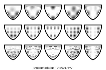 Halftone shield icon set, safety badge dotted symbol, protection defense armor halftone pattern