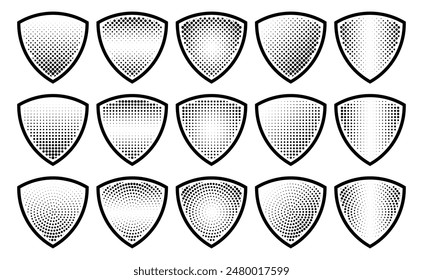 Halftone shield icon set, safety badge dotted symbol, protection defense armor halftone pattern