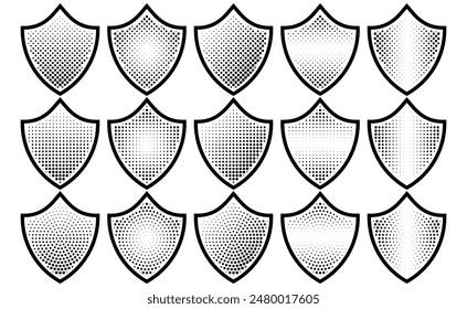 Halftone shield icon set, safety badge dotted symbol, protection defense armor halftone pattern