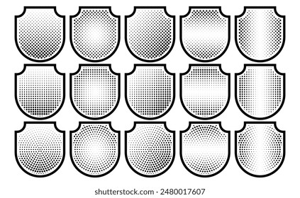 Halftone shield icon set, safety badge dotted symbol, protection defense armor halftone pattern