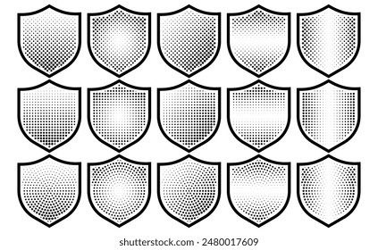 Halftone shield icon set, safety badge dotted symbol, protection defense armor halftone pattern