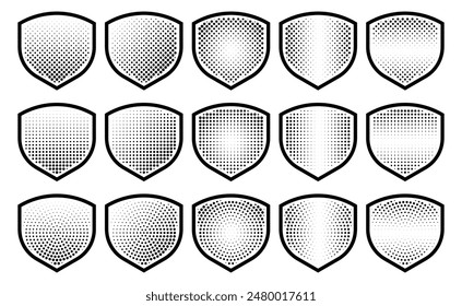 Halftone shield icon set, safety badge dotted symbol, protection defense armor halftone pattern