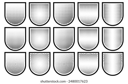 Halftone shield icon set, safety badge dotted symbol, protection defense armor halftone pattern