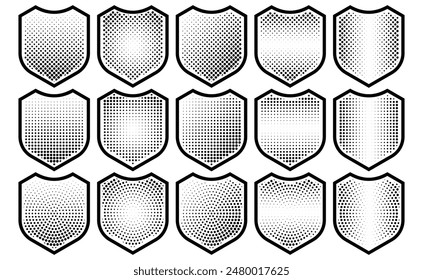 Halftone shield icon set, safety badge dotted symbol, protection defense armor halftone pattern