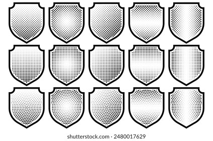 Halftone shield icon set, safety badge dotted symbol, protection defense armor halftone pattern