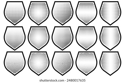 Halftone shield icon set, safety badge dotted symbol, protection defense armor halftone pattern