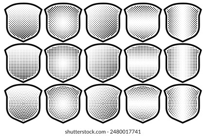 Halftone shield icon set, safety badge dotted symbol, protection defense armor halftone pattern