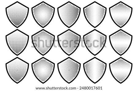 Halftone shield icon set, safety badge dotted symbol, protection defense armor halftone pattern