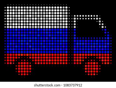 Halftone Shipment Van icon colored in Russia state flag colors on a dark background. Vector mosaic of shipment van icon combined with spheric items.