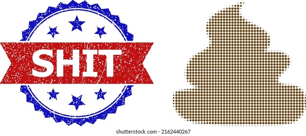 Halftone Scheiße Ikone, und bicolor strukturierte Shit-Siegel. Halftone Scheiße Symbol wird mit kleinen Kreispunkten erzeugt. Vektordichtung mit unscharfem bicfarbenem Stil, Bildunterschrift in rotem Band und blauem Rosette.