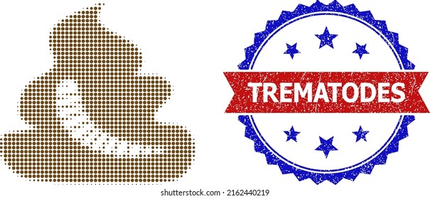Halftone shit worm icon, and bicolor grunge Trematodes watermark. Halftone shit worm icon is constructed with small round points. Vector watermark with distress bicolored style,