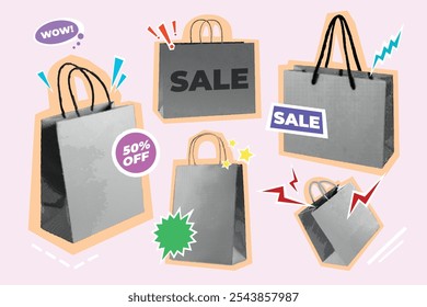 Bolsos de la tienda del semitono. Compra de venta de compras collage retro, bolso de regalo tienda minorista Elementos realistas efecto de papel vintage de medio tono descuento oferta de marketing Ilustración vectorial exacta obra de arte original