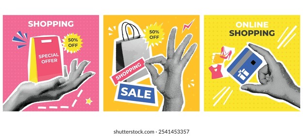 Cartões de compras de meio-tom. Venda posters modelo de colagem retro, loja online loja desconto loja especial oferta de marketing promoção de mídia social grunge vintage ilustração vetor exato