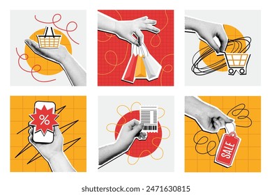 Halftone shopping collage. Mixed media hand holding shopping basket, cart and bags. Mobile online offer deal, sale and purchase verification receipt vector illustration set