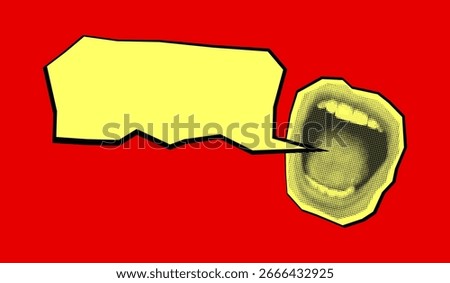 Halftone shouting mouth with blank speech bubble comic style against a solid red background vector.