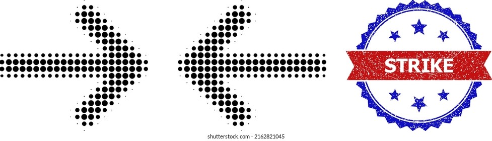 Halftone Shrink Arrows Icon, And Bicolor Rubber Strike Watermark. Halftone Shrink Arrows Icon Is Constructed With Small Round Points. Vector Watermark With Distress Bicolored Style,