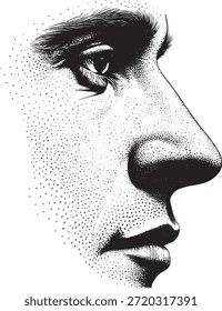 "Meio-tom lado perfil feminino rosto ilustração. Retrato de textura de ponto preto e branco com contraste forte e estilo mínimo. Ideal para design editorial, cartazes e arte conceitual."