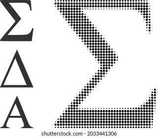 Halftone Sigma Greek letter. Dotted Sigma Greek letter made with small circle pixels. Vector illustration of Sigma Greek letter icon on a white background. Halftone pattern contains circle pixels.