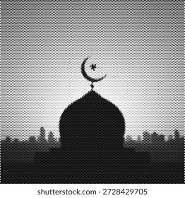 Silueta de medio tono de una mezquita y un minarete, que representa la fe islámica, la arquitectura religiosa y las celebraciones navideñas como Ramadán y Eid.