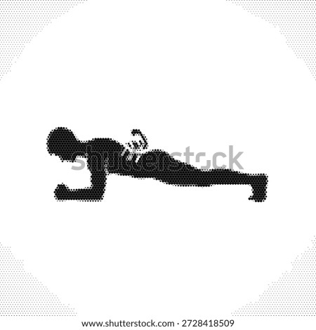 Halftone silhouette of a person doing a plank, symbolizing core strength, fitness discipline, and a healthy wellness workout.