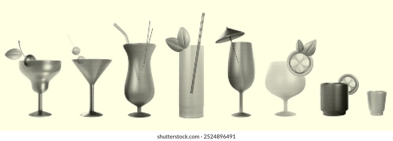 Halftone silhouettes alcohol or juice cocktails in monochrome color. Set drink glass shapes from dots. Vector illustration.