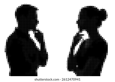 Halftone Silhouettes of Man and Woman Thinking