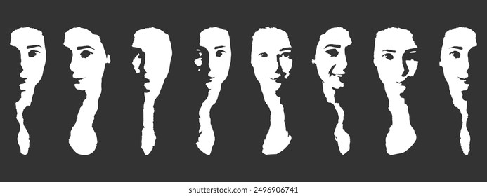 Halftone silhouettes. Set of stickers with faces. Stickers with different emotions. The positions of the face.  Icons for messages, Halloween greetings and atmosphere creation, website, avatar. Vector