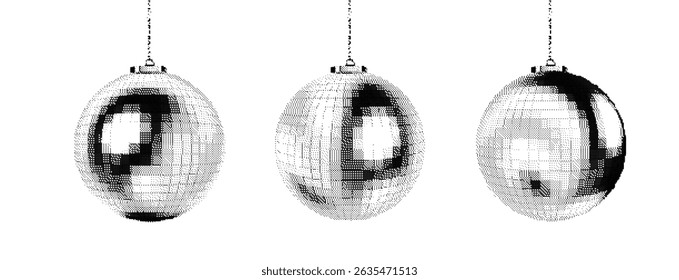 Halftone silver disco balls hanging on white background. Music party collage vector for dance club retro. Mirror texture 3d Elements isolated. Monochrome graphic silver glitter disco balls.