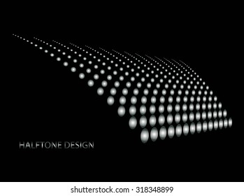 Halftone silver radial circular dots abstract logo design vector illustration on a black background