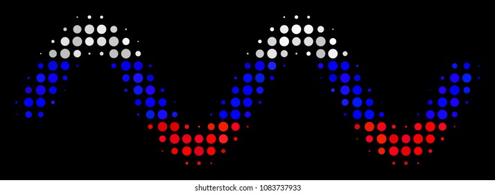 Halftone Sinusoid Wave icon colored in Russian state flag colors on a dark background. Vector concept of sinusoid wave icon organized with circle pixels.