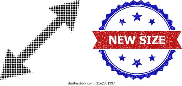 Icono de tamaño de semitono y sello de sello de nuevo tamaño no limpio bicolor. El icono de tamaño de semitono se genera con pequeños elementos esféricos. Sello vectorial con un estilo bicoloroso impuro,