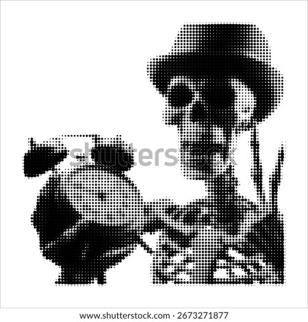 Halftone skeleton with alarm clock and wristwatch. Retro grunge style illustration of skull character symbolizing time and mortality. Vector graphic isolated on white background. Perfect for concepts 