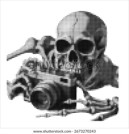 Halftone skeleton with camera. Retro grunge style illustration of skull character holding photo device. Vector graphic isolated on white background. Perfect for photography themes, alternative design