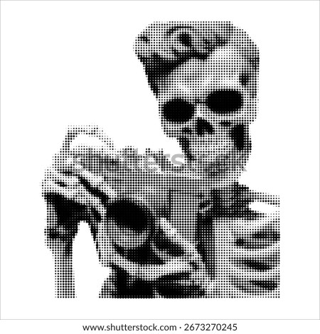 Halftone skeleton with camera. Retro grunge style illustration of skull character holding photo device. Vector graphic isolated on white background. Perfect for photography themes, alternative design