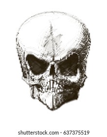 Halftone skull. Design element. Invitation, party. Mosaic, perforation, grunge.