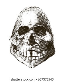 Halftone skull. Design element. Invitation, party. Mosaic, perforation, grunge.