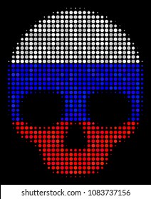 Halftone Skull icon colored in Russian official flag colors on a dark background. Vector collage of skull icon created with circle blots. Designed for political and Russian patriotic promotion.
